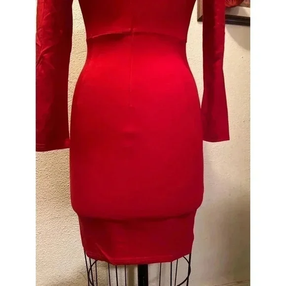 Sarin Mathews Deep V Neck Ruched Bodycon Long Sleeve Mini Dress Red NWT Size XL - Picture 7 of 9